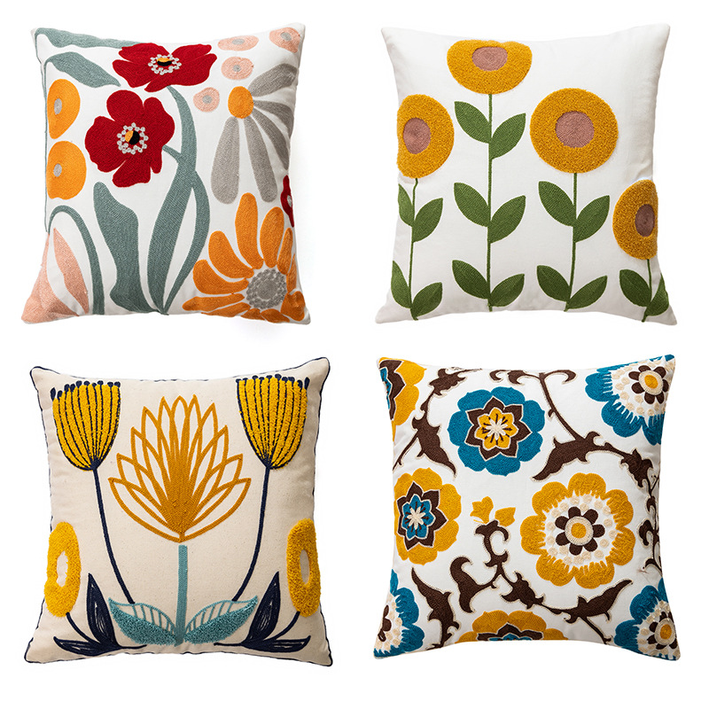 Embroidered Flower Plant Pillow